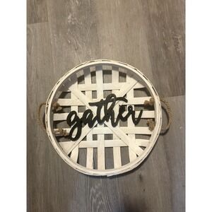 Rustic Farmhouse Gather White Bamboo Basket Weave Wall Hanging Sign 16"